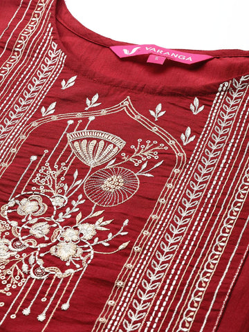 Varanga Women Delicate Embroidered Kurta Set Paired With Bandhej Silk Dupatta